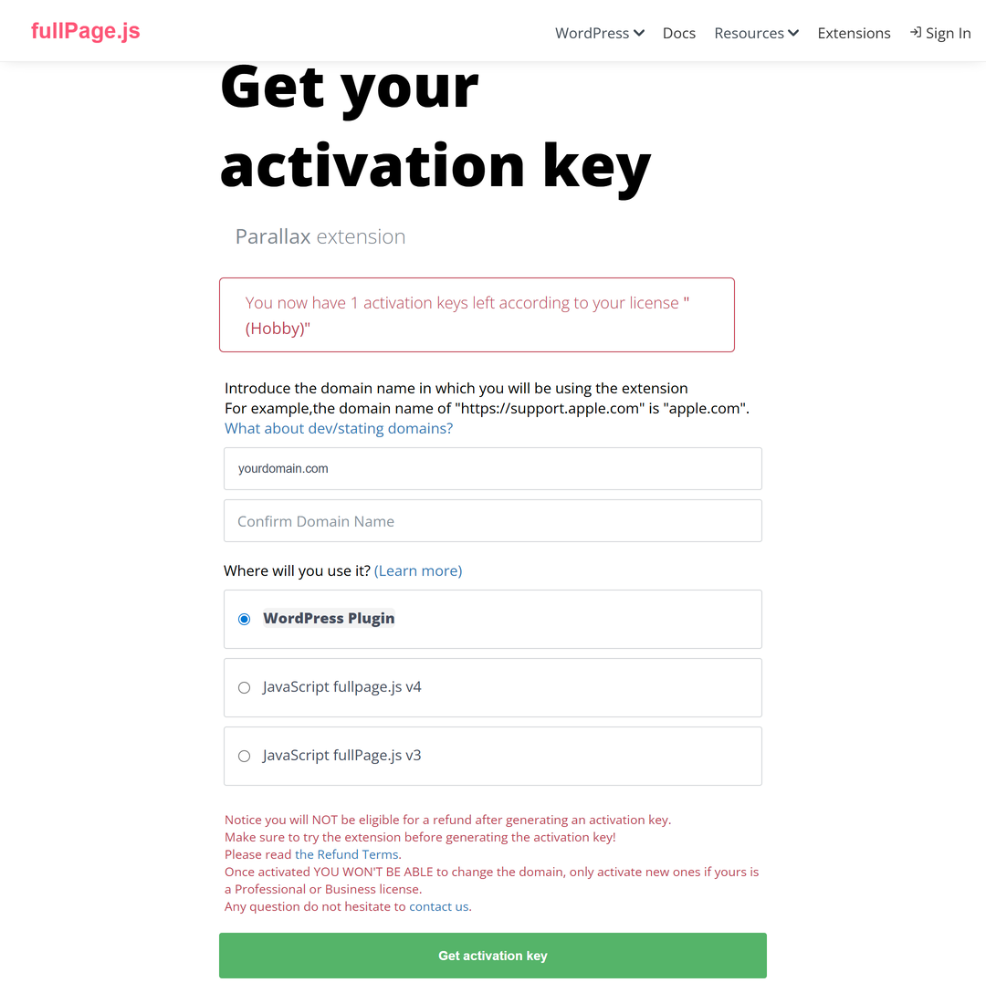Extension Activation Page