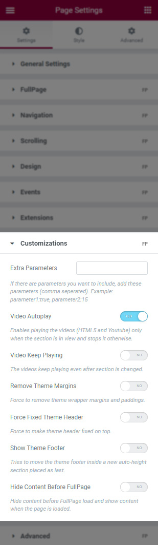 FullPage for Elementor Customizations