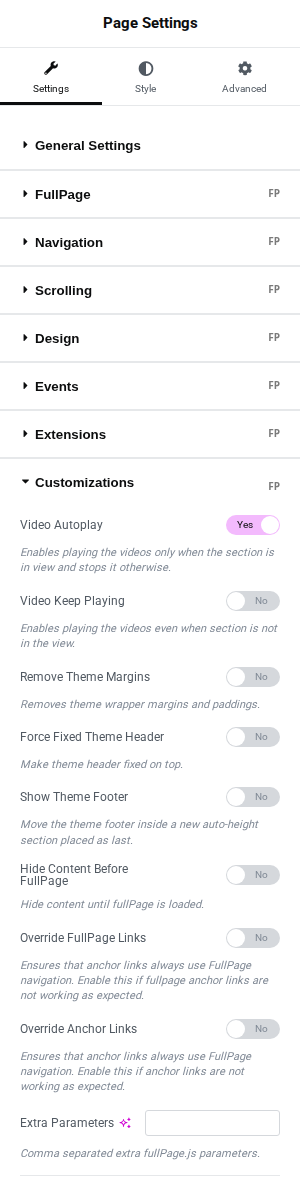 FullPage for Elementor Customizations