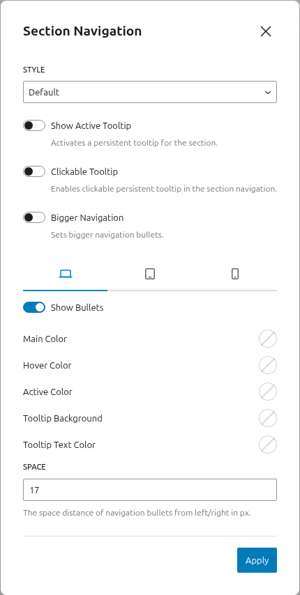FullPage for Gutenberg Section Navigation Options