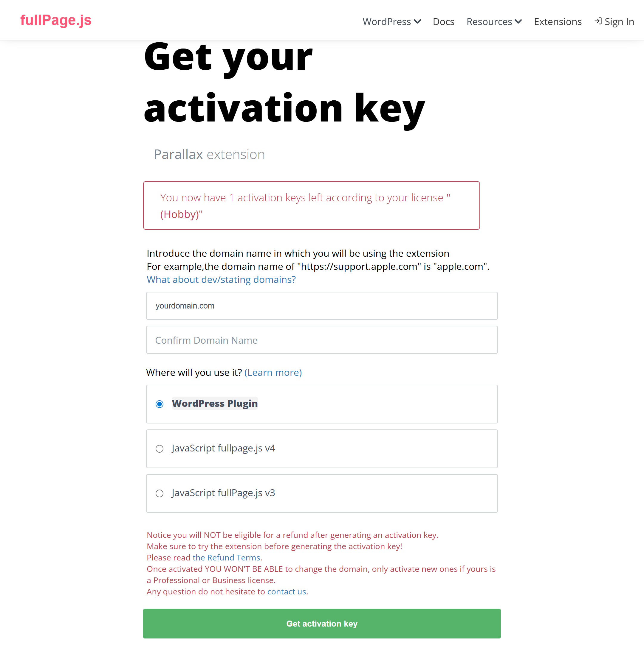 Extension Activation Page